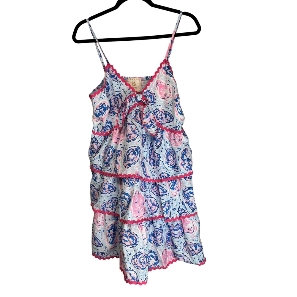 Simply Southern Oyster Tiered Mini Dress Blue Pink Ric-Rac Trim Large NEW - Picture 7 of 9
